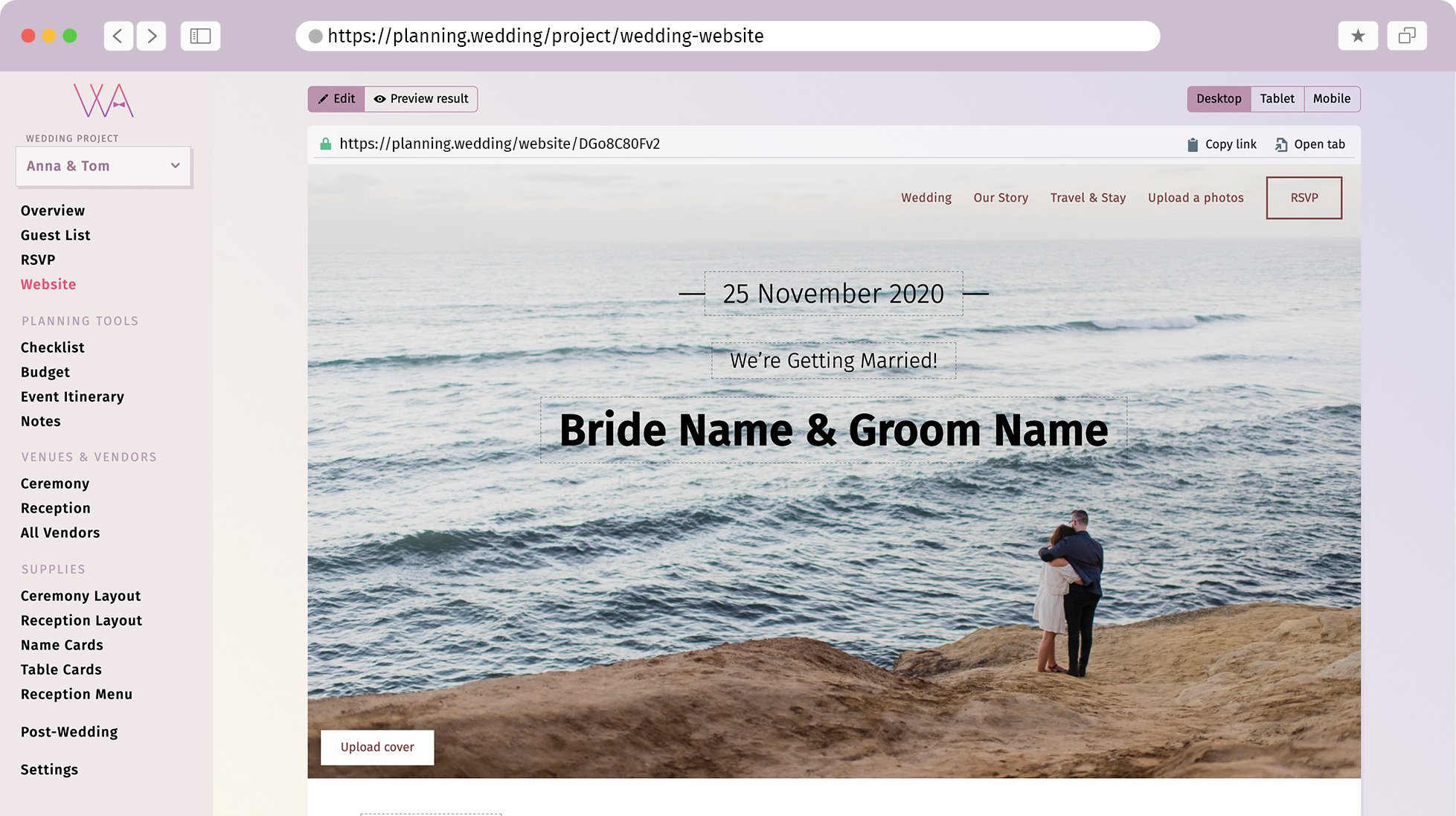 Interface bride name groom name