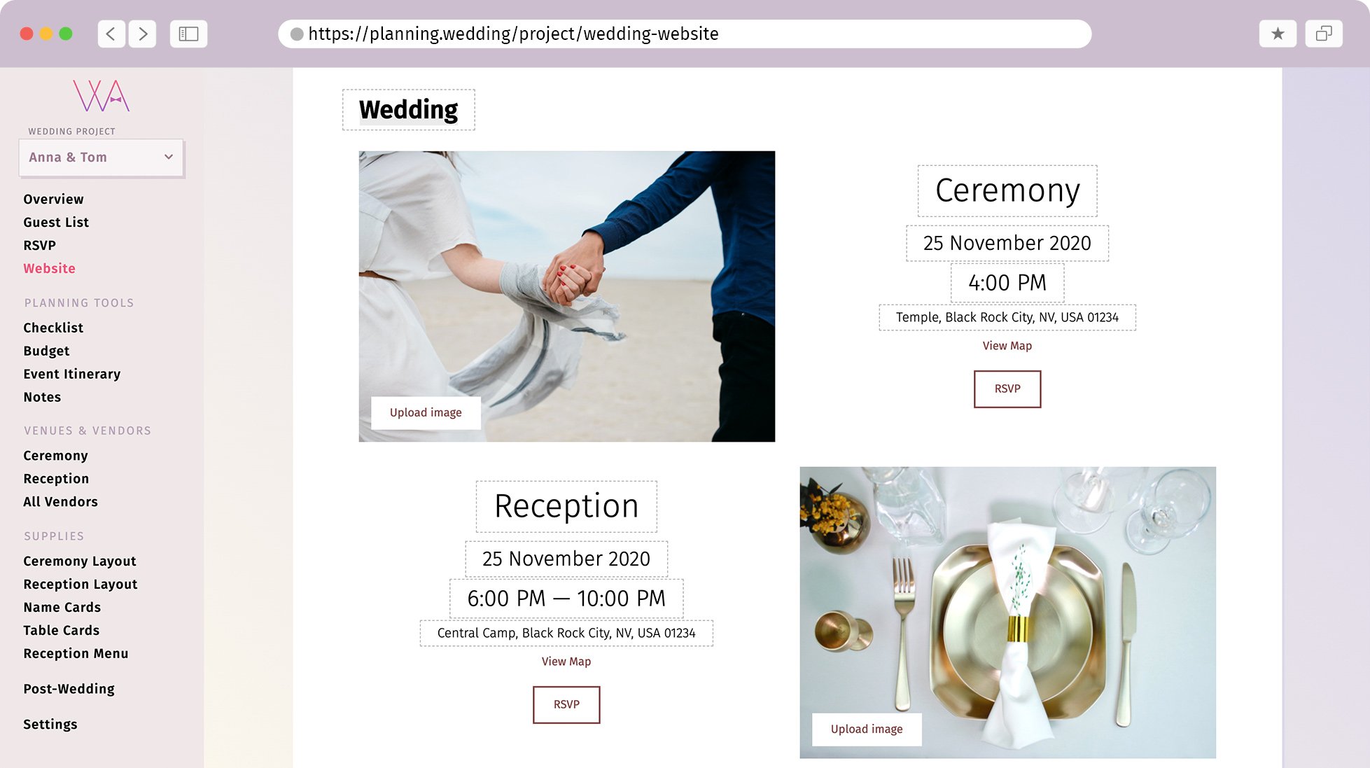 Interface wedding website edit