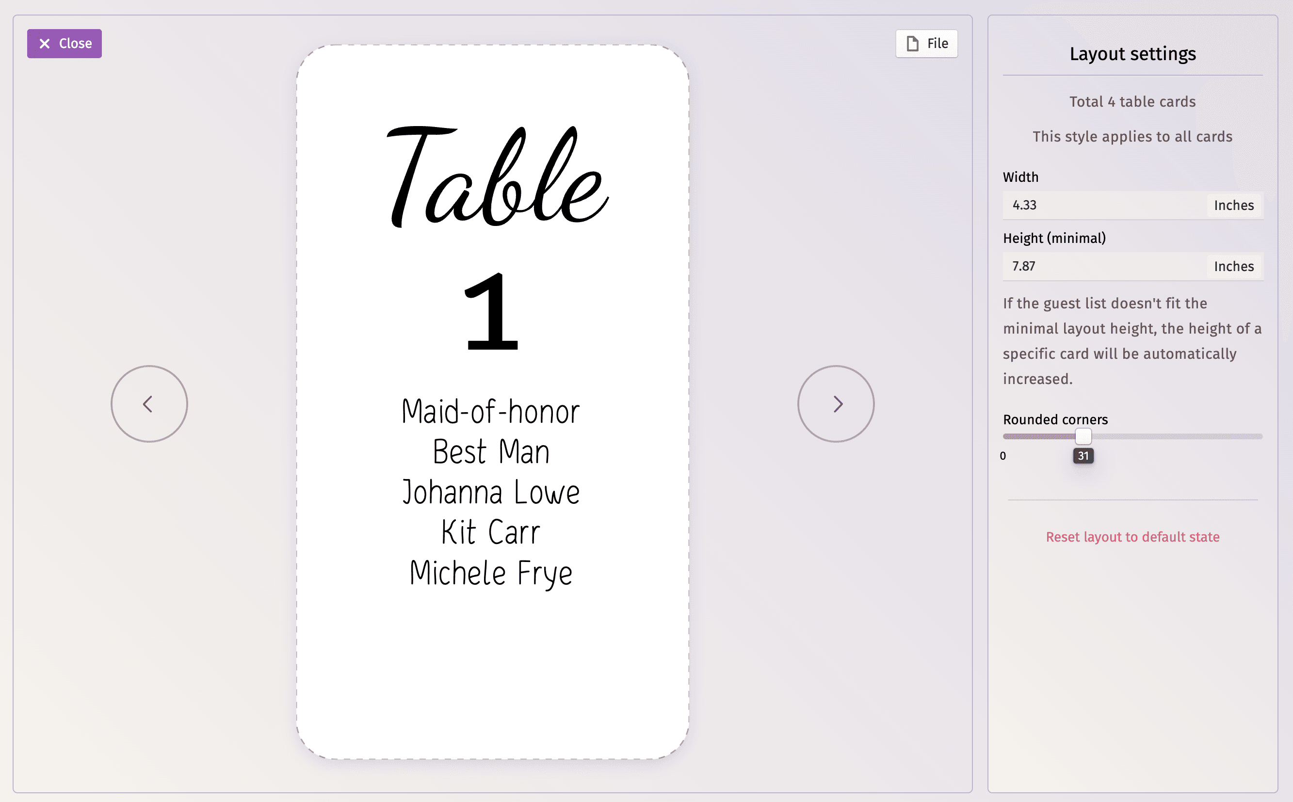 Interface dos cartões de lugares das mesas do editor